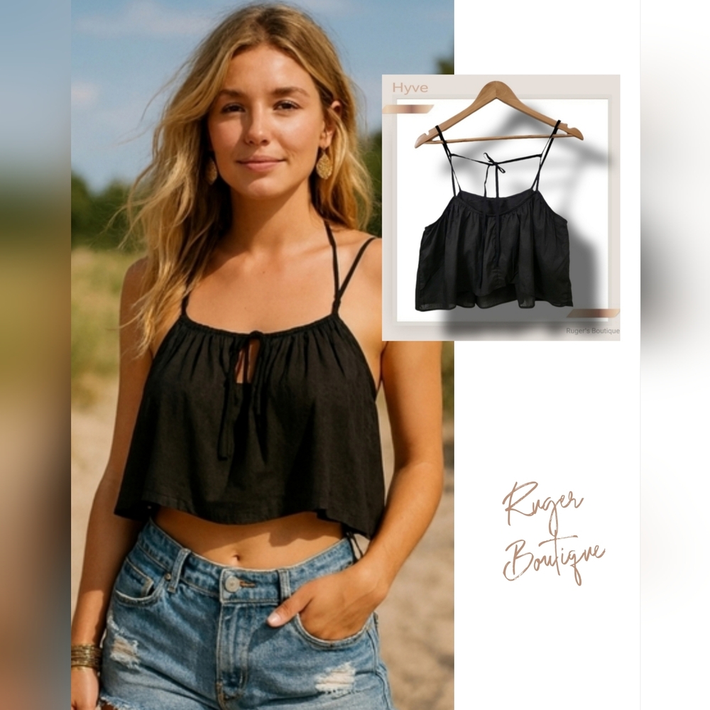🌿HYFVE Women's Large Black Sleeveless Built in Bra Spaghetti Strap Crop Top